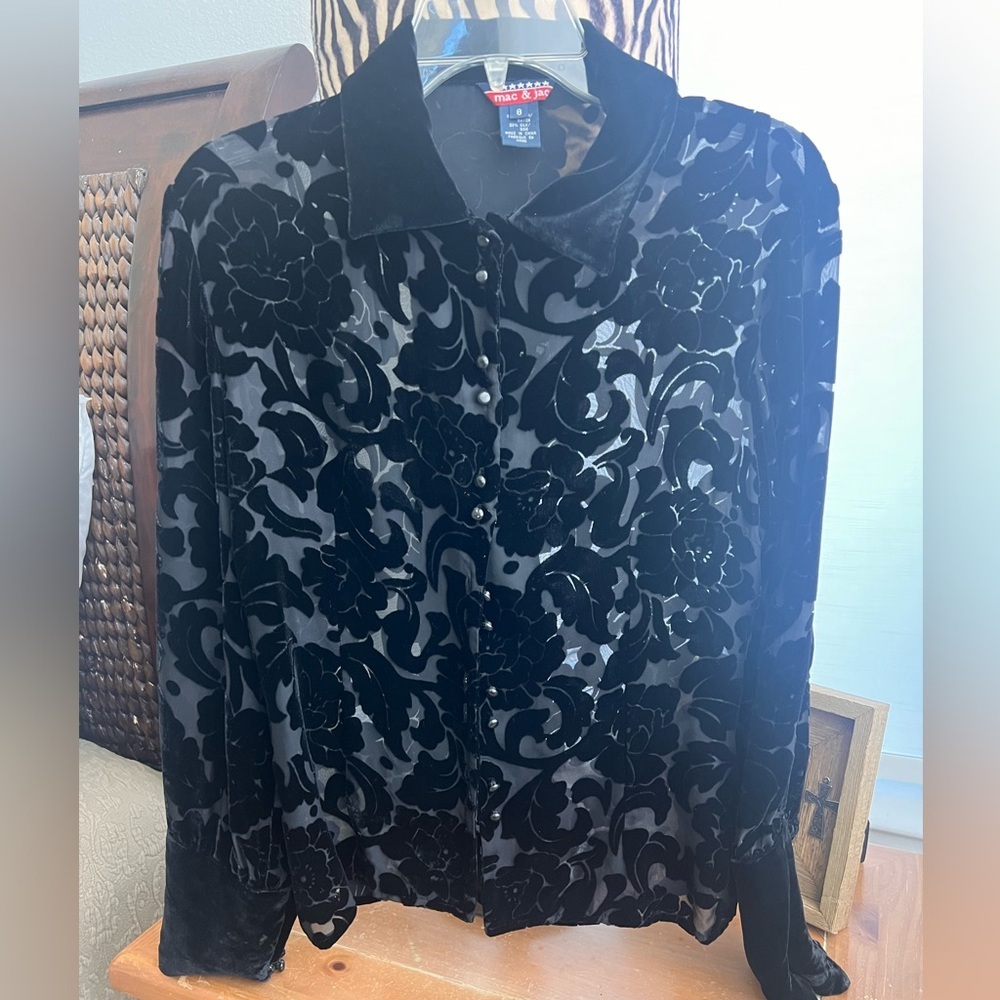 Dressy chic Black Velvet burnout blouse- wear buttoned or over black tank